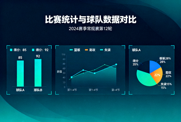 体育数据分析界面，展示比赛统计图表与球队数据对比